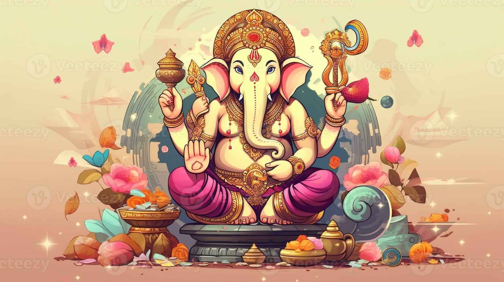 Lord Ganesha in Cartoon Style. Adorned with Ornaments on a Pastel Background, Radiating Divine Charm photo