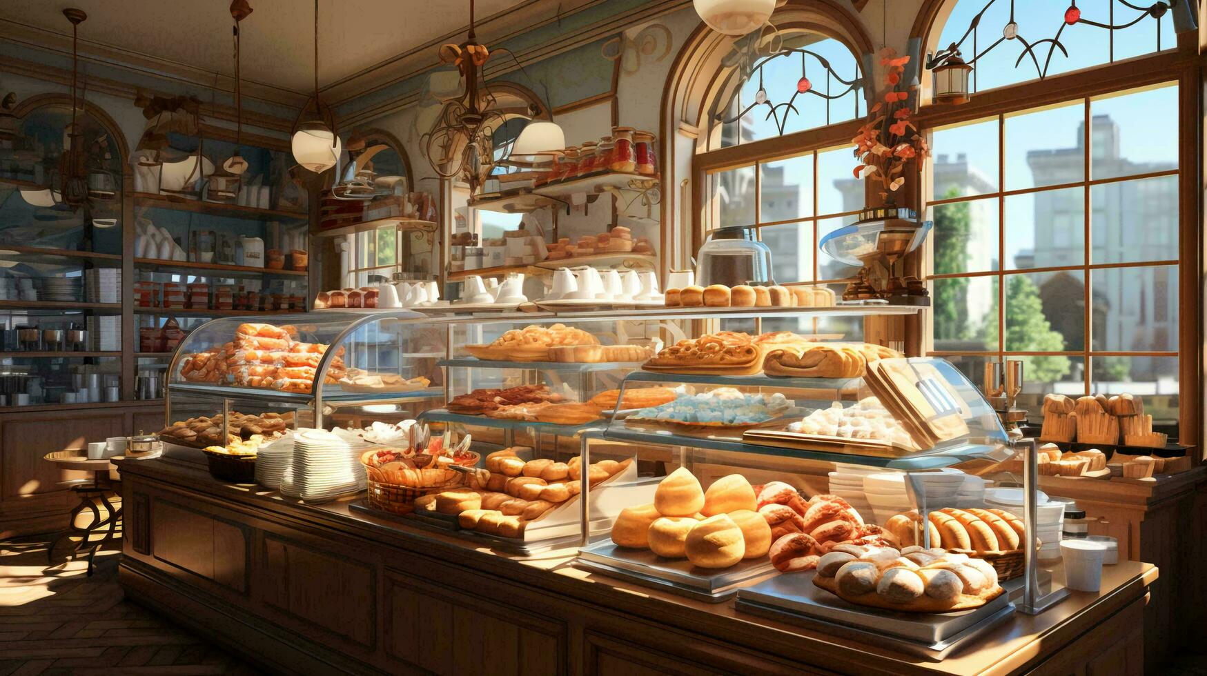 Bakery cafe interior with fresh pastries and cakes photo