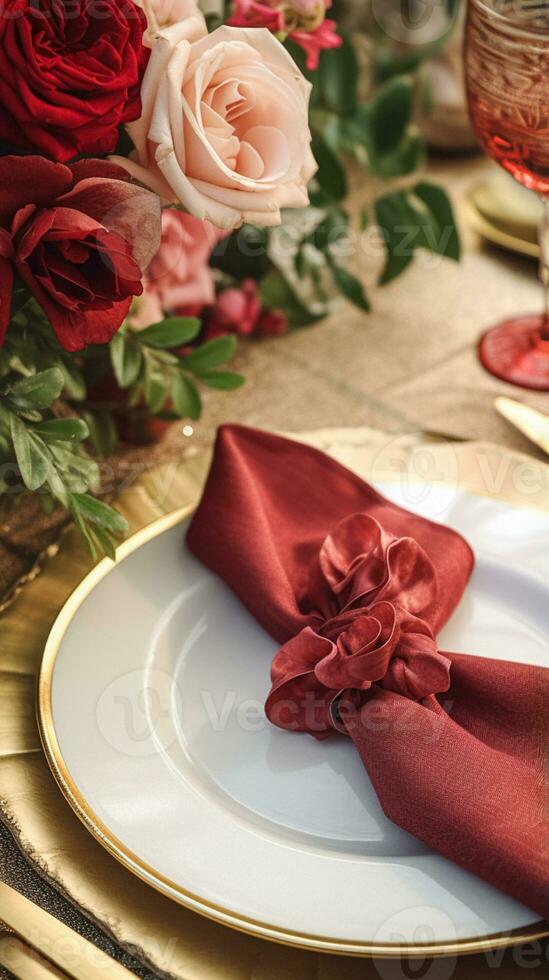 Elegant tablescape, formal dinner table setting with red roses and wine, elegant table decor for wedding, dinner party and holiday event decoration, home styling photo