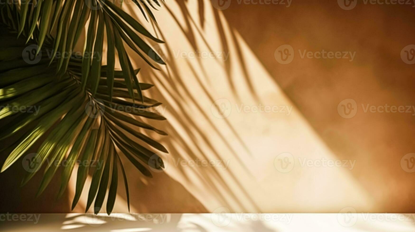 Tropical background for a product placement, palm tree leaves and sunlight shadows on the wall, minimalistic botanical backdrop, palms on a hot sunny day, generative ai photo