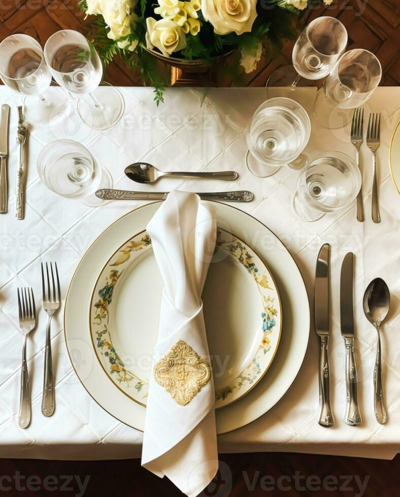 Elegant dinner table setting arrangement in English country style as flatlay tablescape, folded napkin on a serving plate, tableware and holiday table decor, generative ai photo