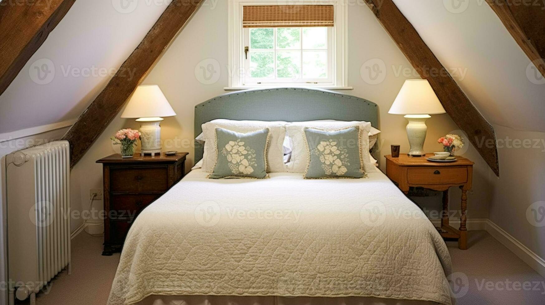 Farmhouse bedroom decor, interior design and home decor, bed with elegant bedding and bespoke furniture, English country house, holiday rental and cottage style photo