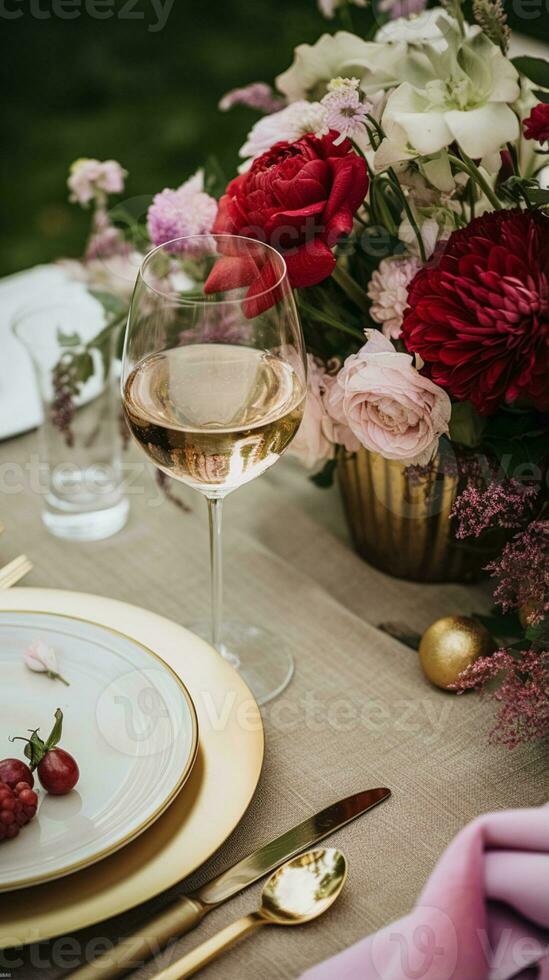 Elegant tablescape, formal dinner table setting with red roses and wine, elegant table decor for wedding, dinner party and holiday event decoration, home styling photo