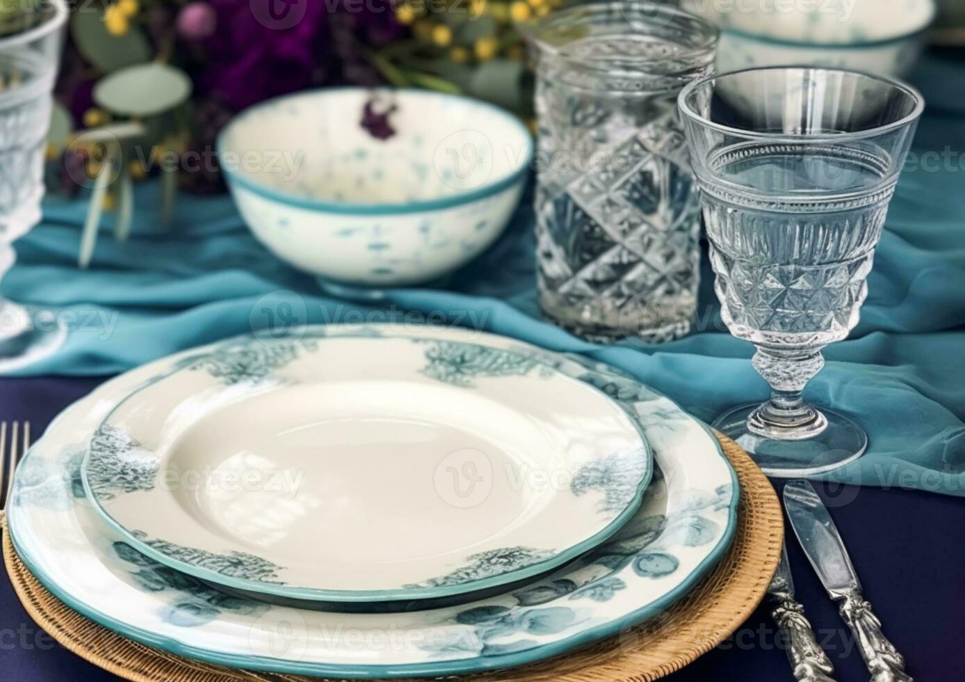 Formal holiday tablescape with blue decor, dinner table setting, table scape with elegant tableware and dinnerware for wedding party and event, generative ai photo