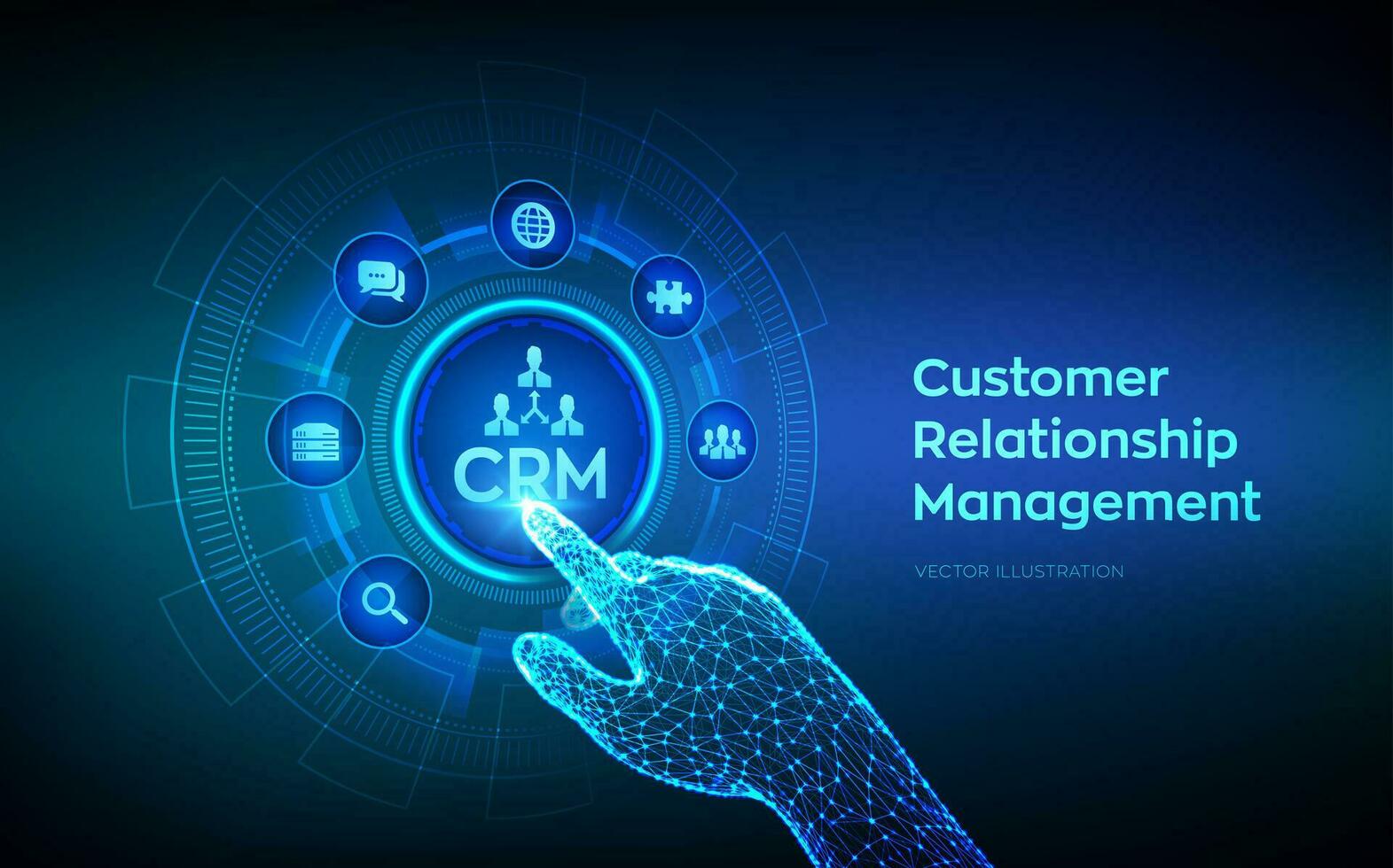 CRM. Customer Relationship Management. Customer service and relationship. Enterprise Communication and planning concept on virtual screen. Robotic hand touching digital interface. Vector illustration.