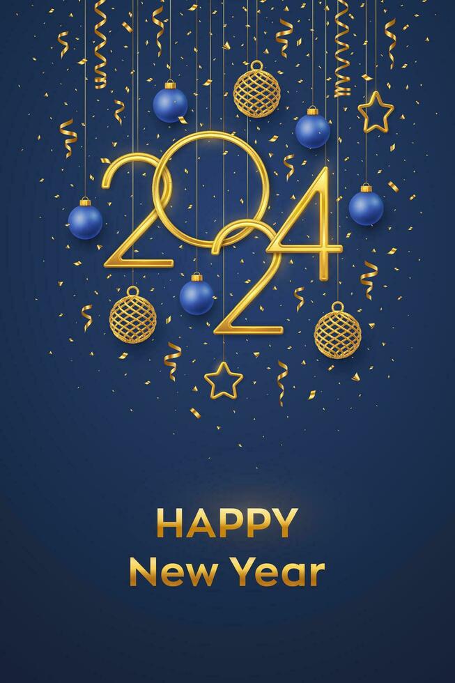 Happy New 2024 Year. Hanging Golden metallic numbers 2024 with shining 3D metallic stars, balls and confetti on blue background. New Year greeting card, banner template. Realistic Vector illustration.