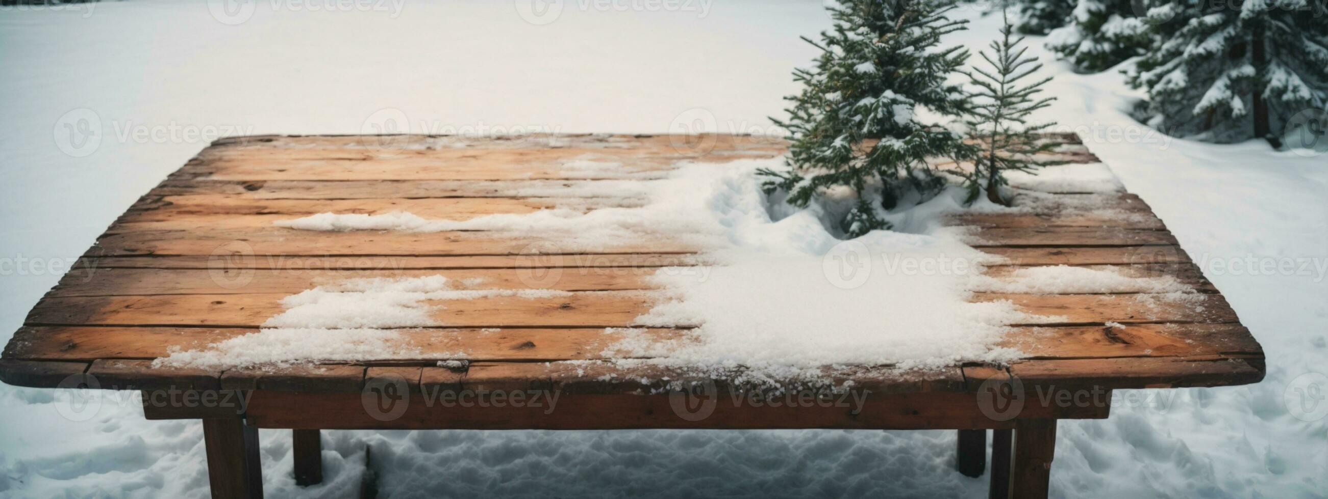 Old wood texture with snow and firtree. AI generated photo