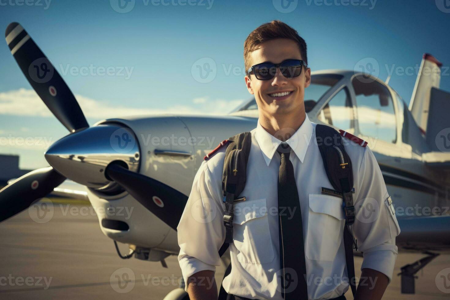 masculino piloto en pie cerca privado chorro en aeropuerto. generativo ai foto