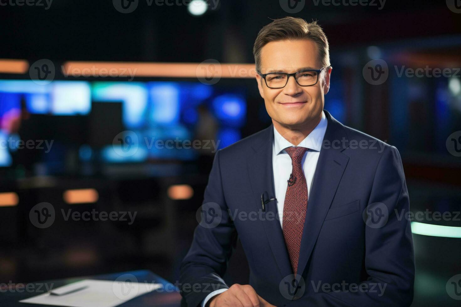 Male news anchor in TV studio on air. Generative AI photo