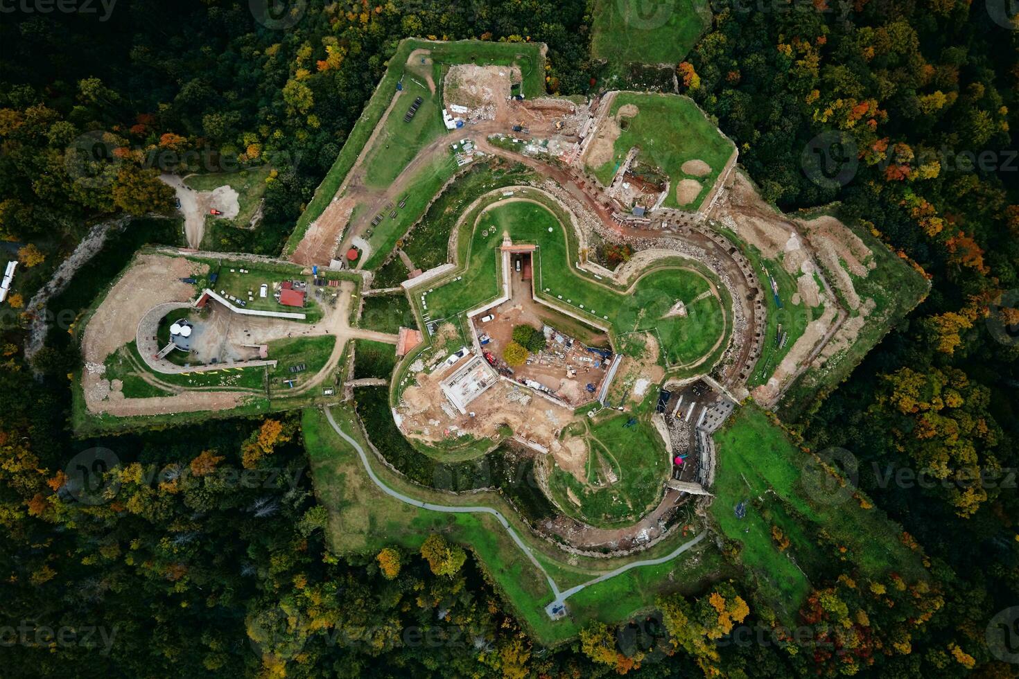 Srebrna Gora fortress and Sudety mountains at autumn season, aerial drone view photo