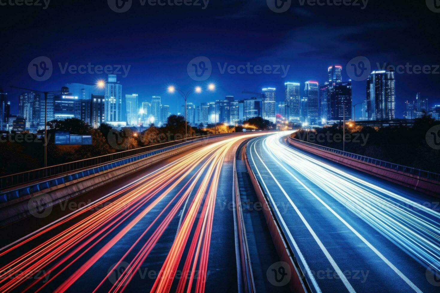 City silhouette and glowing headlamp trails on road. Generative AI photo