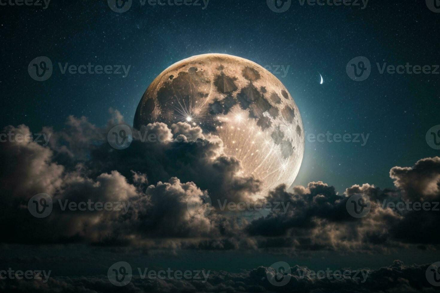 Romantic Moon In Starry Night Over Clouds. AI generated photo