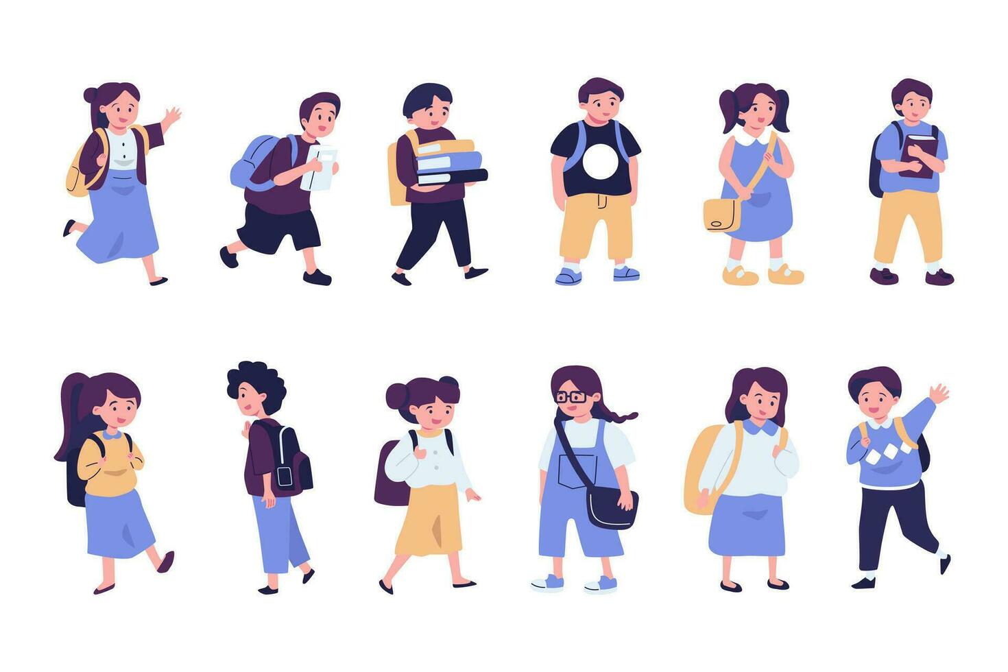 Set of boys and girls going to elementary or middle school vector illustration. Happy pupils holding books surrounded by autumn leaves isolated on white. Collection of children with backpack or bag