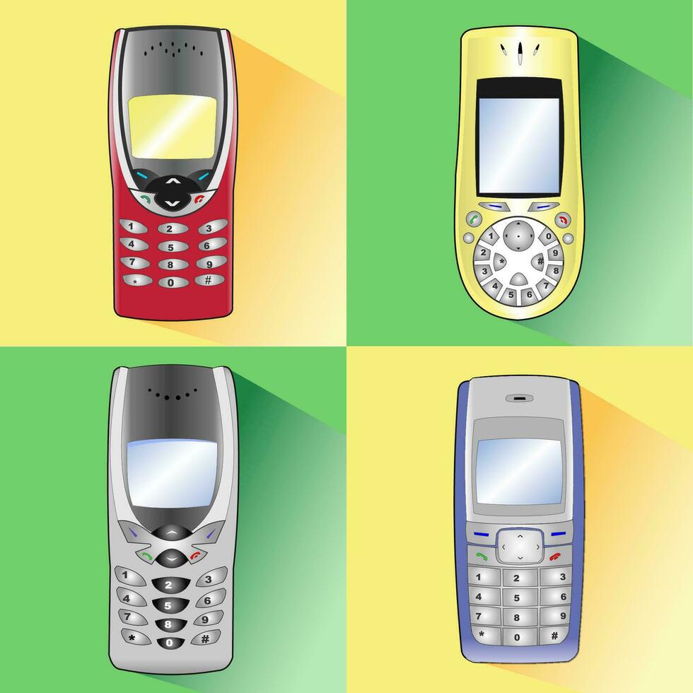 Set of Old Cell Phones Vectors Illustration with Flat Design Style and Colored Background