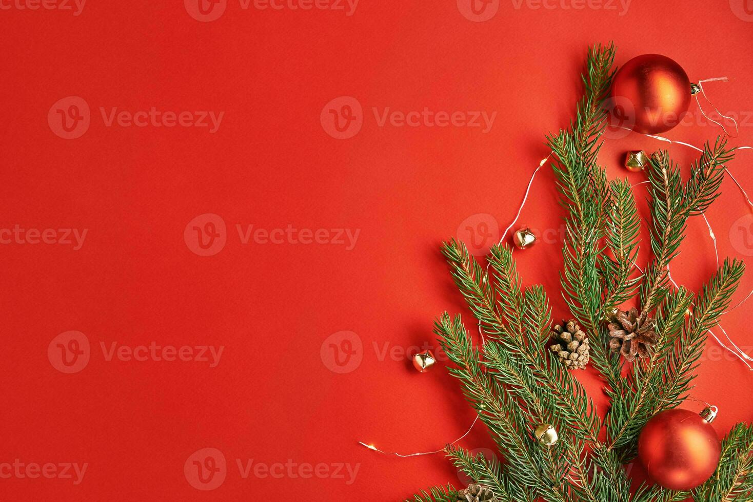 Christmas greeting banner on red backround, flat lay photo