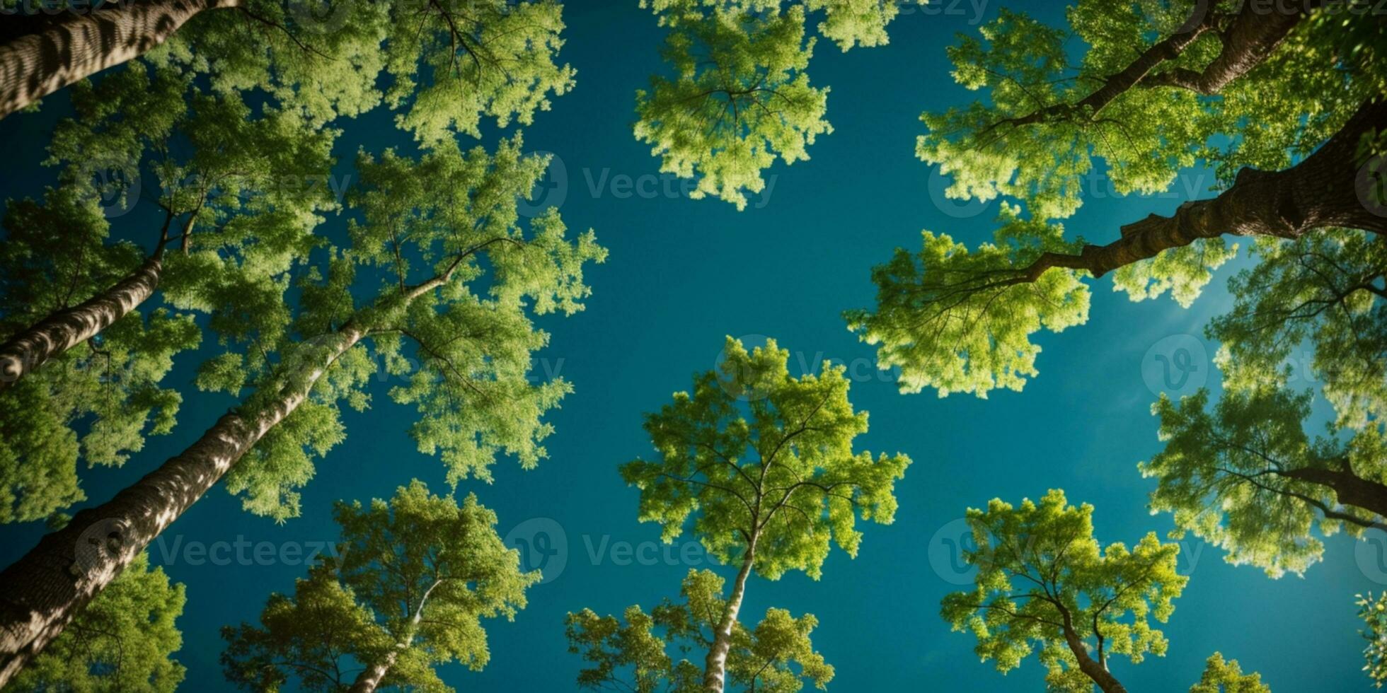 Looking up at the green tops of trees. AI generated photo