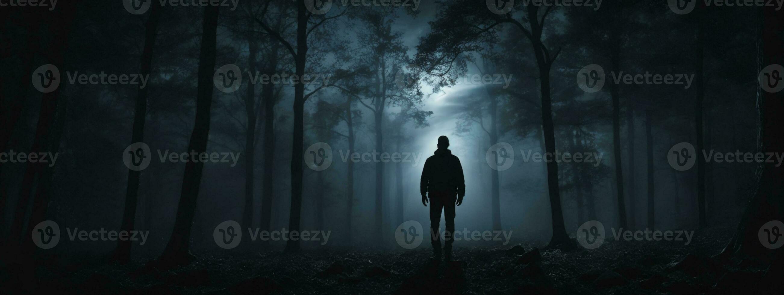 Silhouette of lone man in forest. AI generated photo