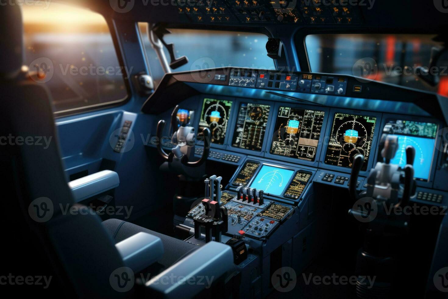 Cockpit of modern civil airplane. Plane cabin. Generative AI photo