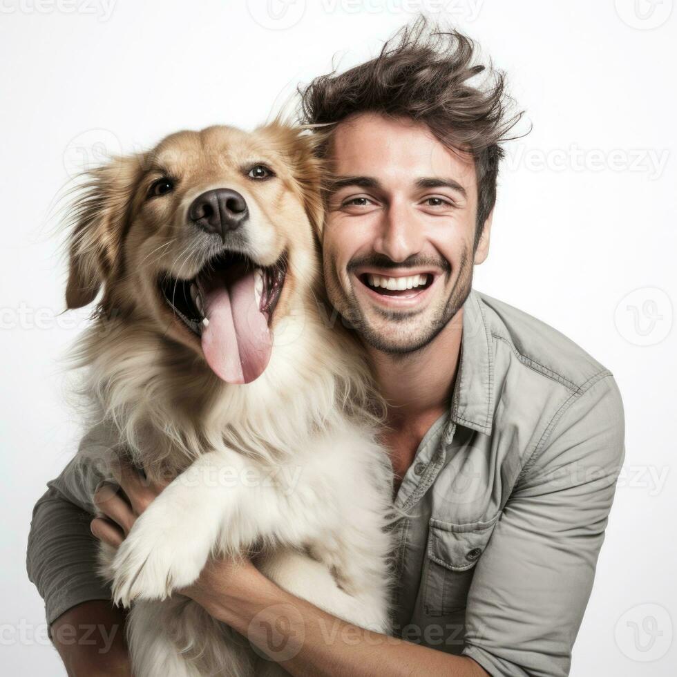 Happy man hugging his dog on white background. Generative AI photo