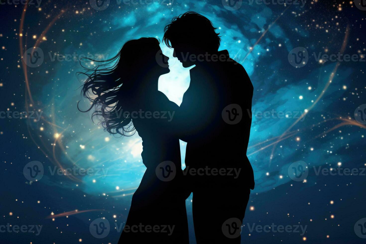 Couple in love standing against cosmic sky. Generative AI photo