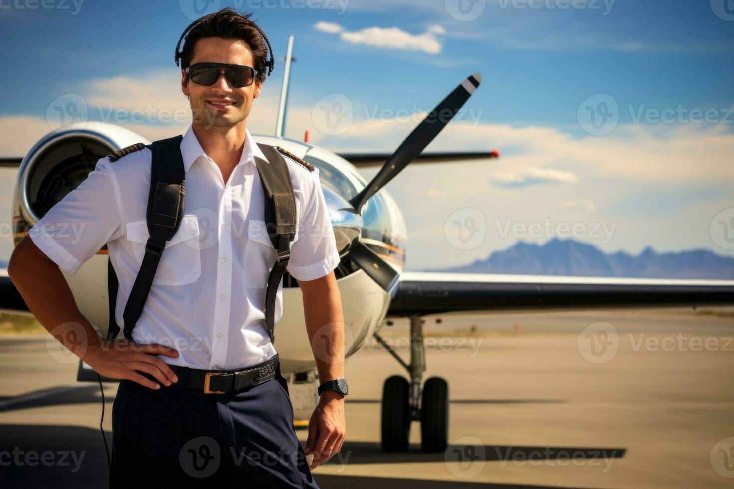 Male pilot standing near private jet in airport. Generative AI photo