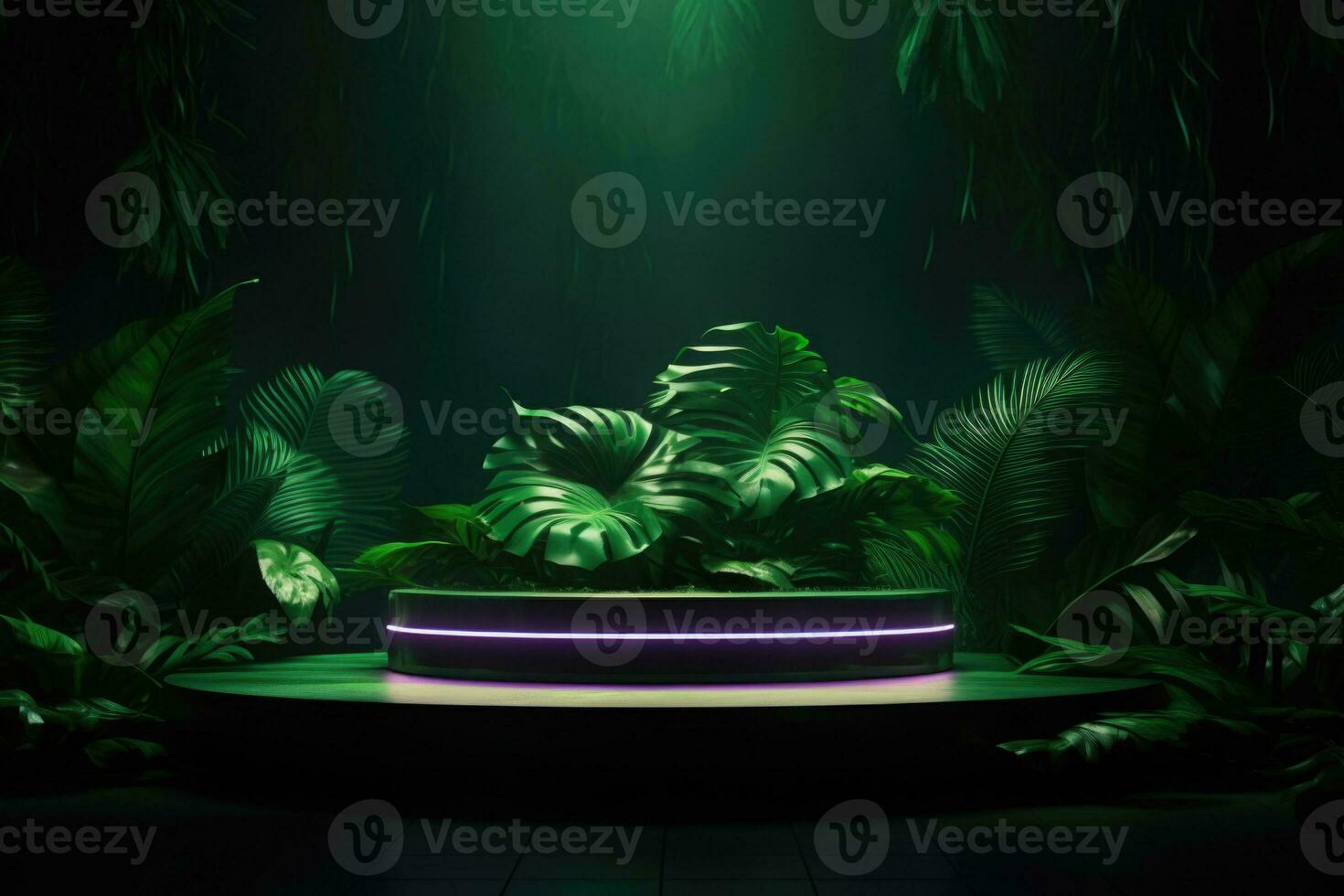 Podium with tropical exotic leaves background. Generative AI photo