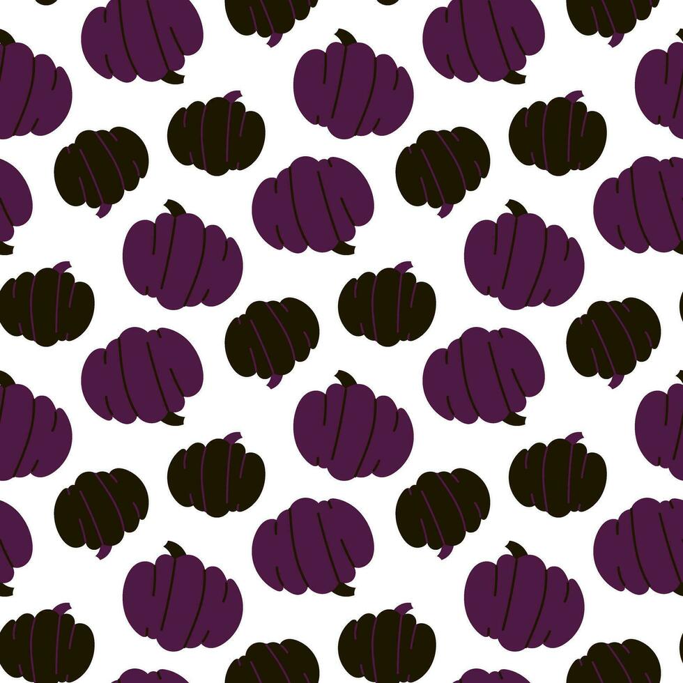 A pattern with purple and black pumpkins on a white background. Modern abstract seamless pumpkin pattern. Texture of dark pumpkins for Halloween, autumn theme. Mystical, festive dark ornament. Rot vector