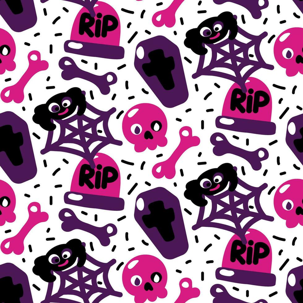 Seamless pattern of purple and black colors for Halloween. Death, skull, bones, tombstone, spider web, spider, coffin and confetti on a white background vector illustration in cartoon style. packaging