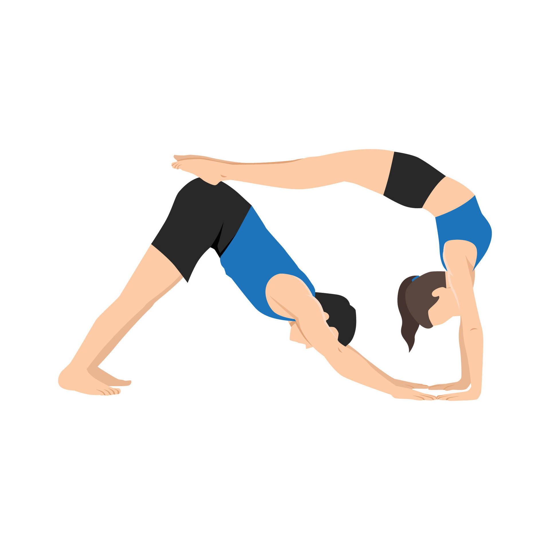 Young couple doing acroyoga, yoga with partner, double downward