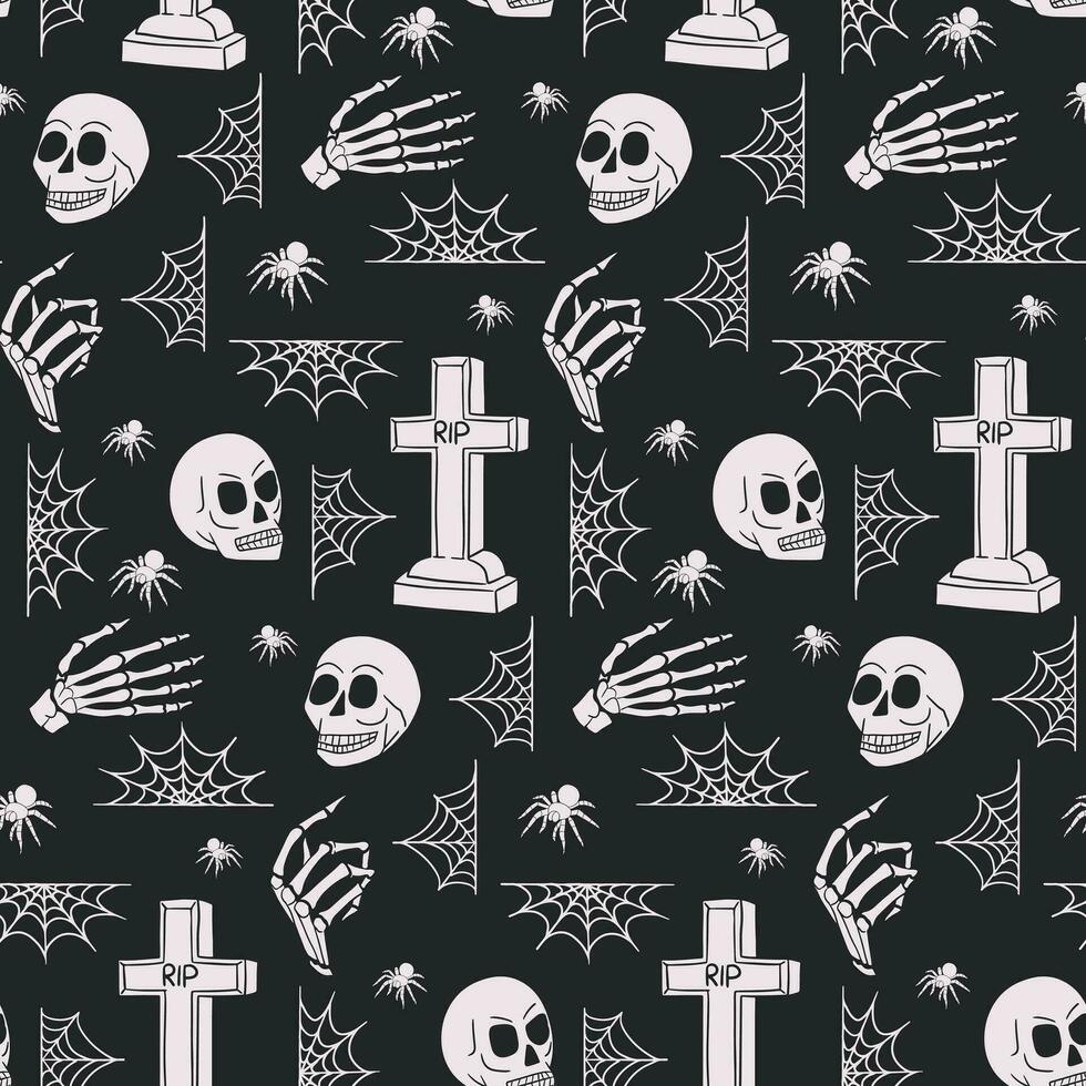 Very scary halloween decoration seamless pattern. Black and white horror design for halloween party decoration, textile, wrapping paper, web banner, social media graphics vector