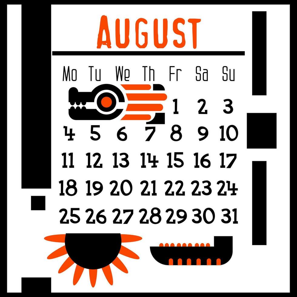 The calendar page for August 2024 with a cute geometric dragon. Isolated on a white background. The symbol of the year of the dragon. Dragon with a sunflower. Vector illustration. Black Orange