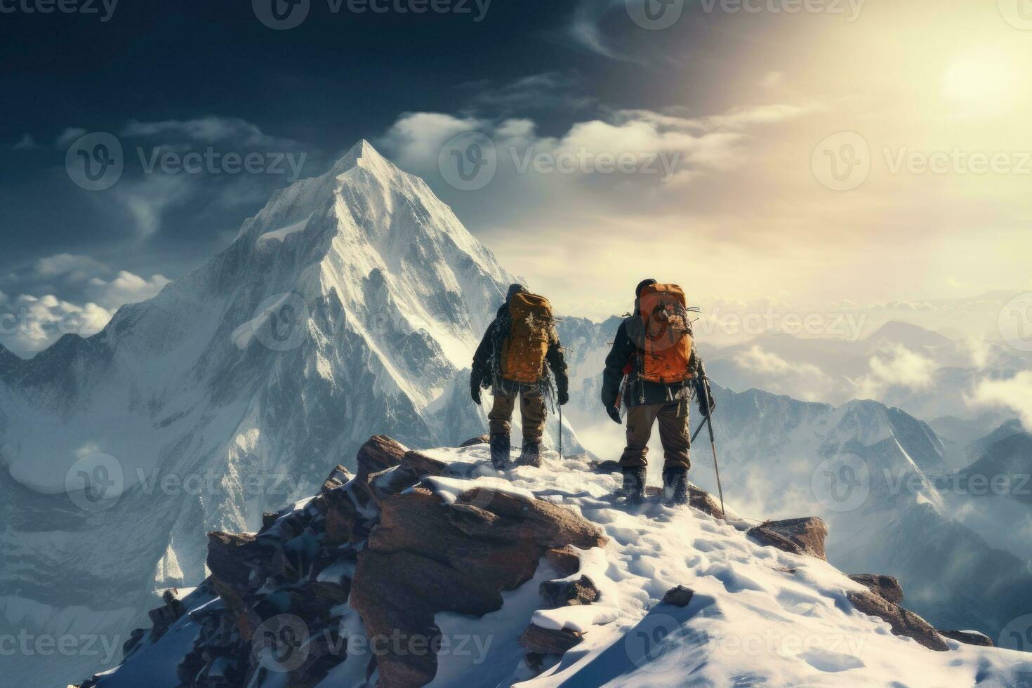 Two climbers climb the peak of a snow covered mountain. Generative AI photo