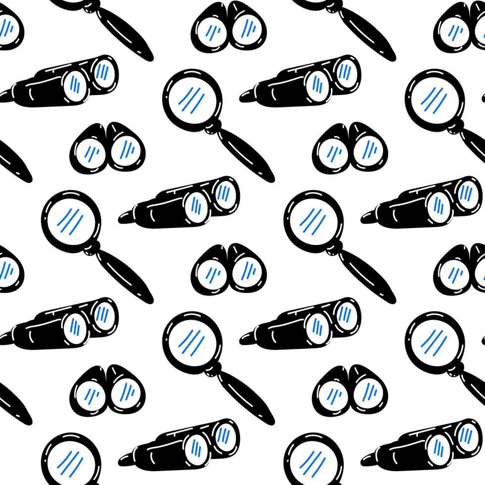Seamless pattern of magnifying glass and binoculars for searching, on a white background. Cartoon elements find items, detective, spy, search. Items to search for. Printing on textiles and paper vector