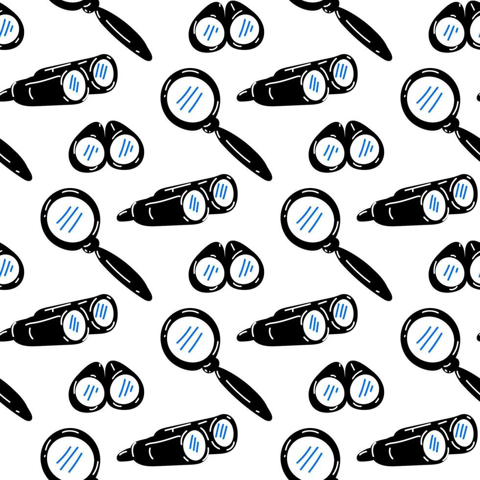 Seamless pattern of magnifying glass and binoculars for searching, on a white background. Cartoon elements find items, detective, spy, search. Items to search for. Printing on textiles and paper vector