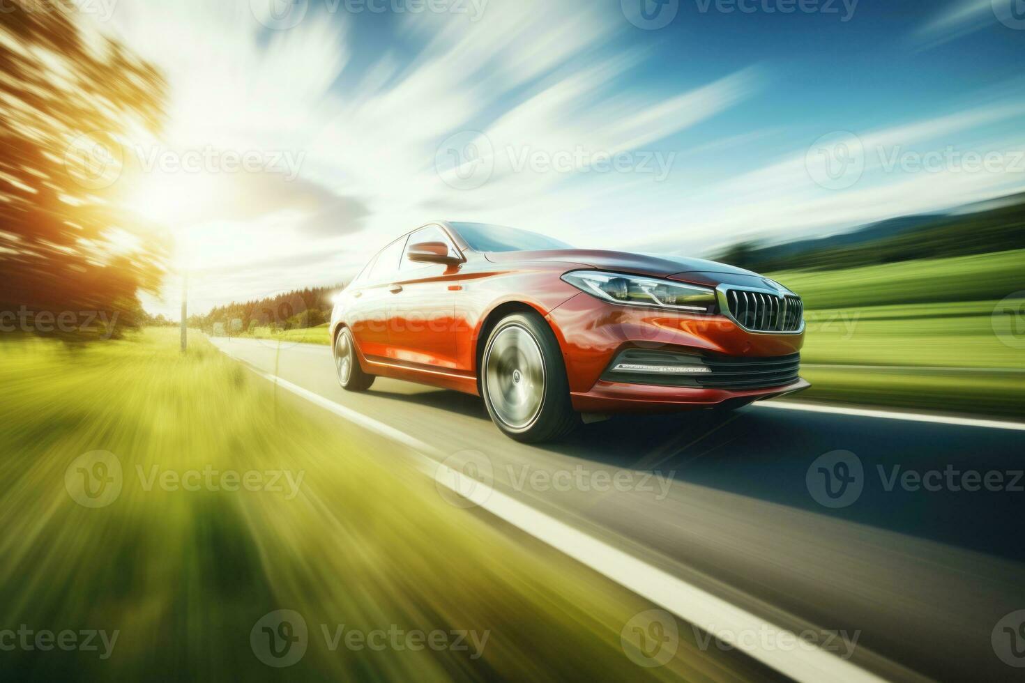 Car driving on country road with motion blur effect. Generative AI photo