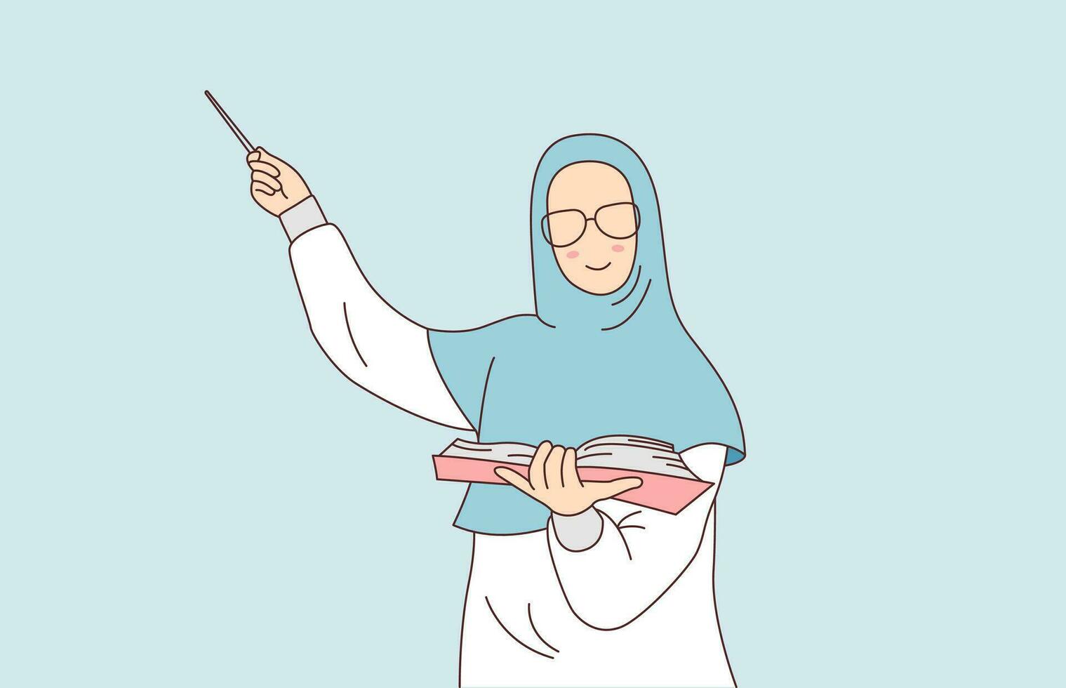 Teacher in hijab and glasses teaches at the blackboard. Illustration of a teacher teaching vector