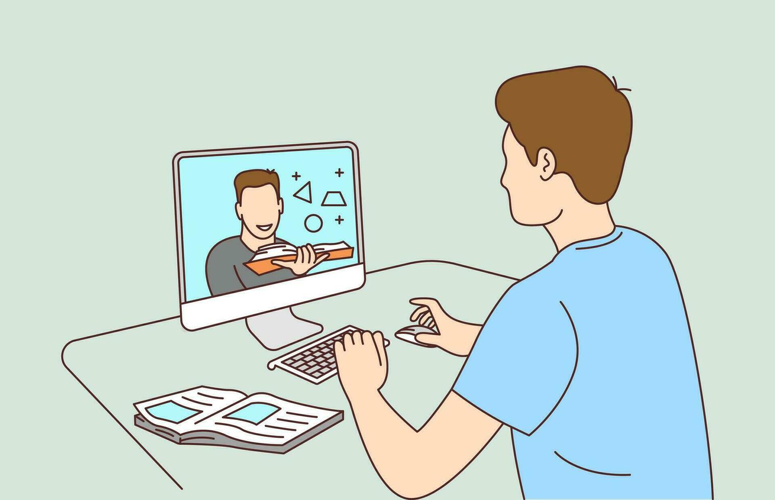 man studying online with computer illustration. studying in front of a computer illustration vector