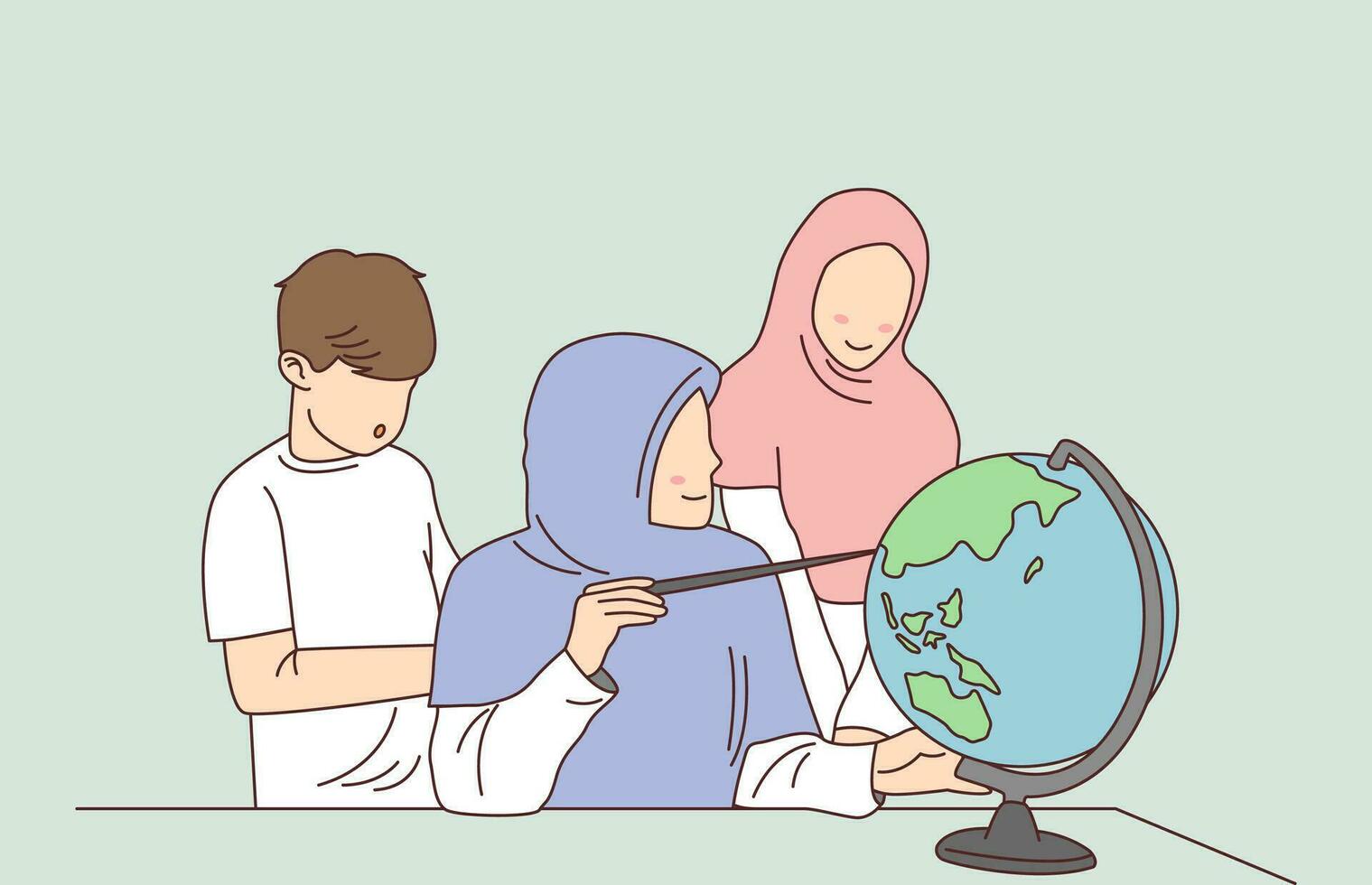 Teacher in hijab teaches with globe. Illustration of a teacher teaching vector