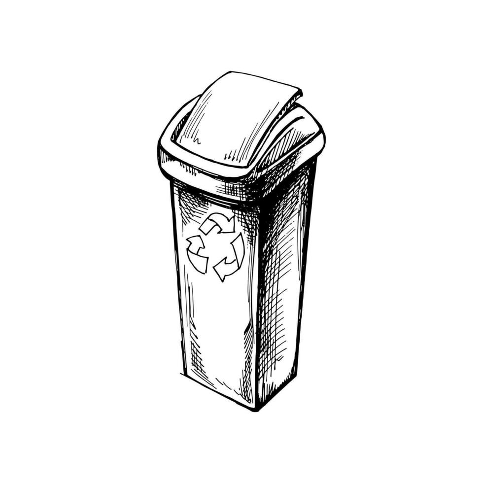 Monochrome hand drawn sketch of plastic trash container. Segregate waste, sorting garbage, waste management. Vector  illustration. Vintage, doodle style.