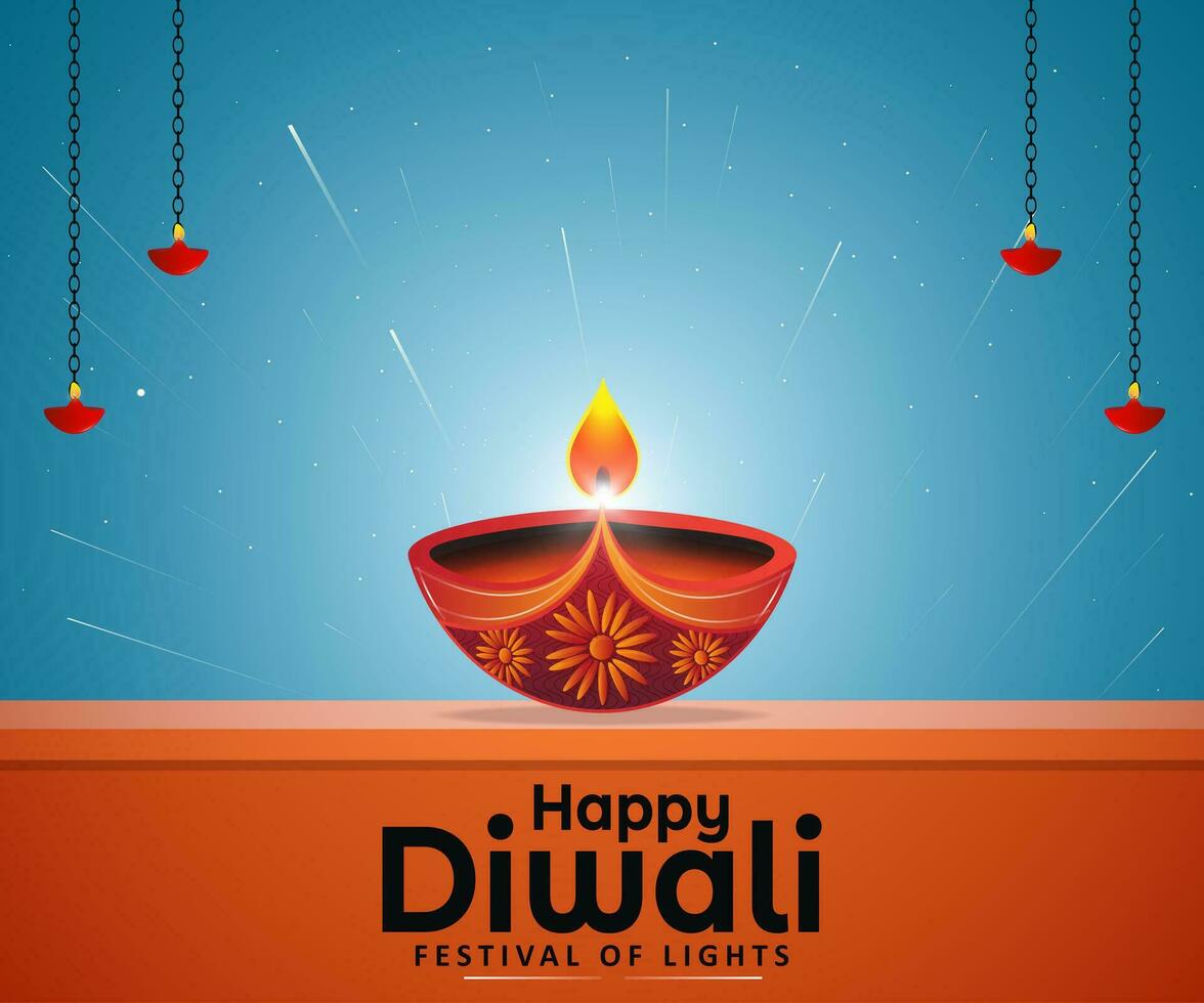 Happy Diwali festival of lights greeting card design. Diwali oil lamp on wall and hanging oil lamp and crackers bursting on blue background. vector