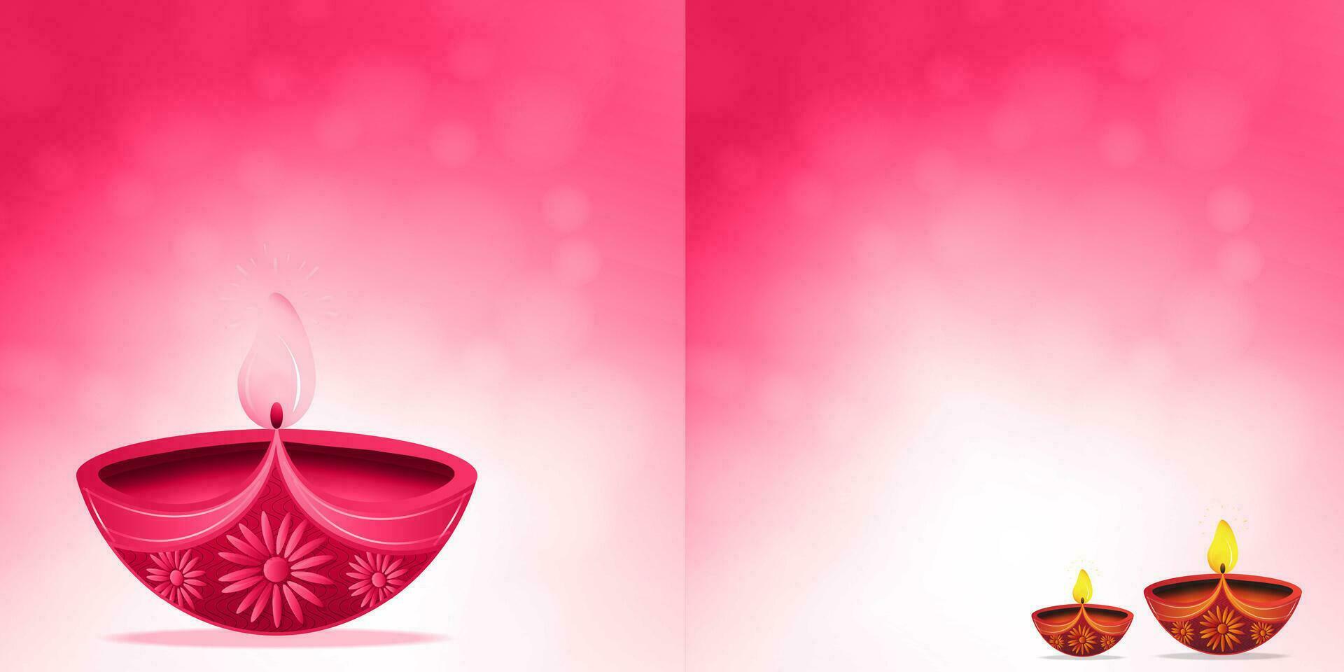 Diwali diya on pink and white bokeh background and space for your text vector