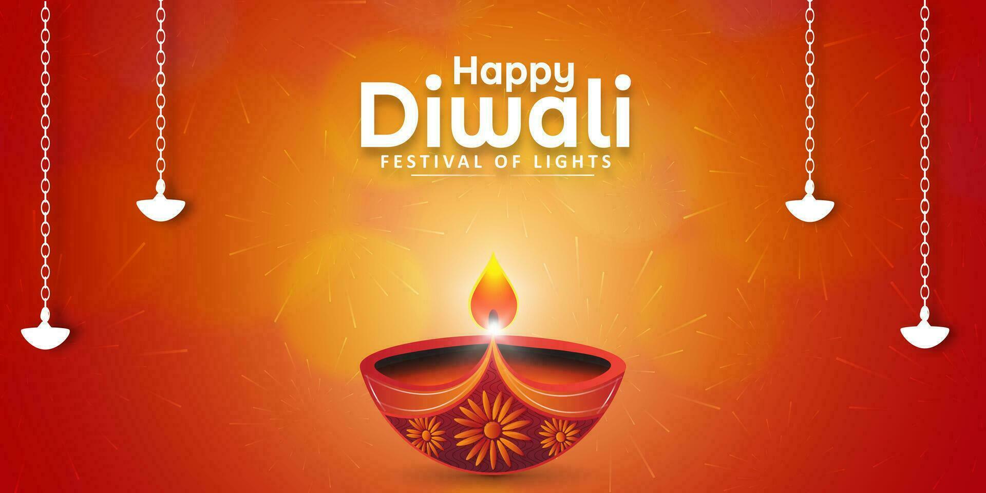 Happy Diwali festival of India banner design with diya oil lamp with fireworks on red background. vector