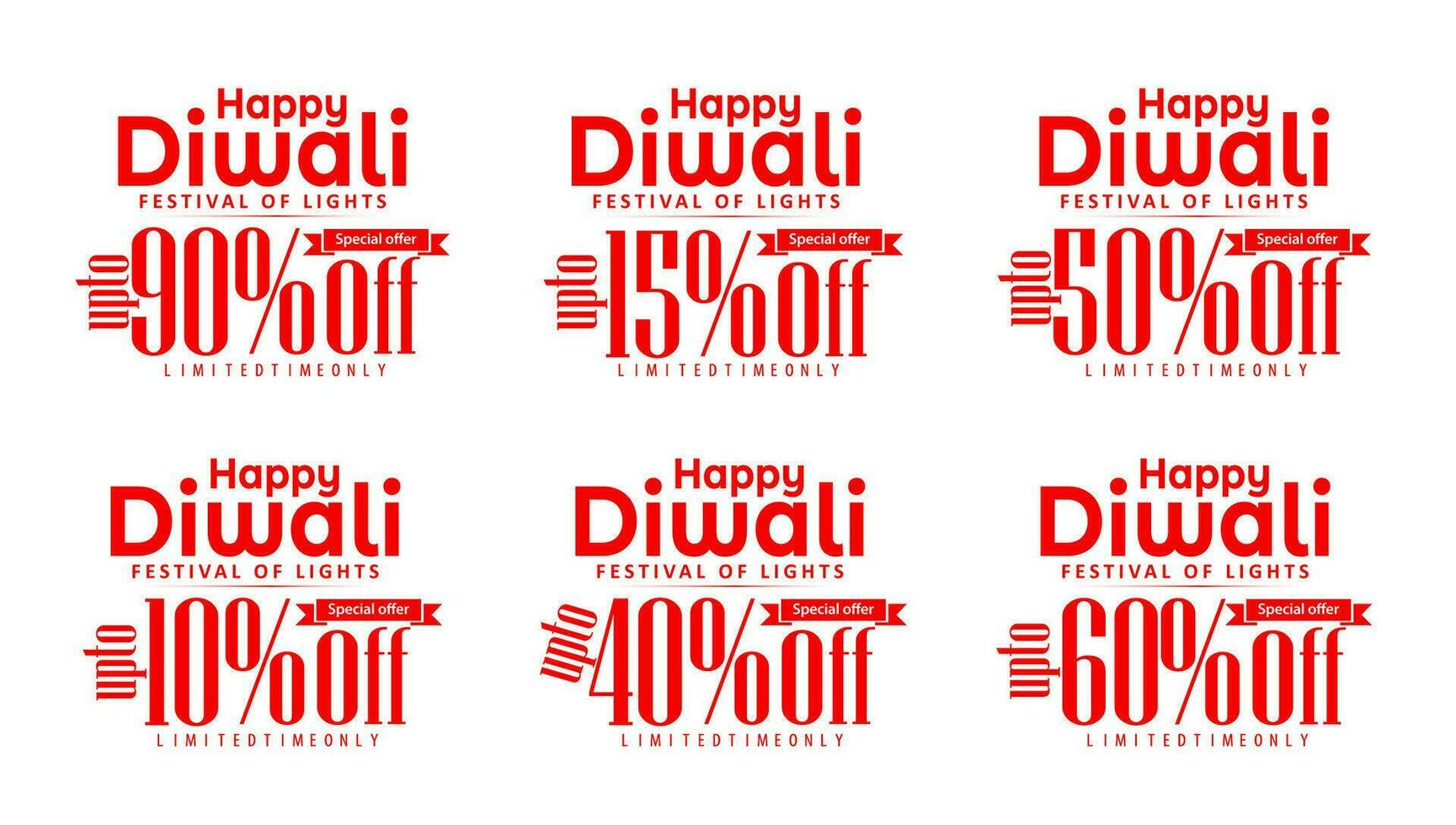 Happy Diwali Offer Set of different percentage discount tag on white background. up to 10, 90, 40, 60, 15, 50 percent off Discount Labels, vector