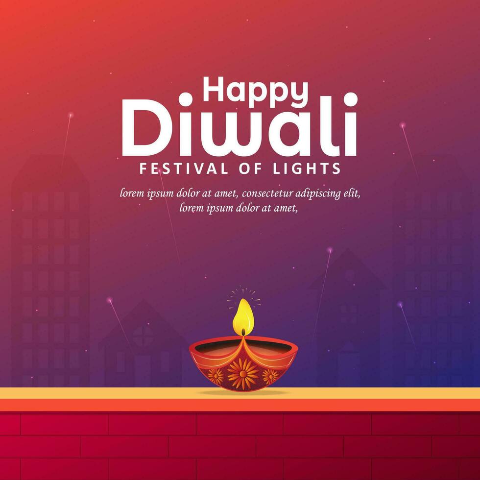 contento diwali festival saludo tarjeta diseño con diya petróleo lámpara y fuegos artificiales. vector