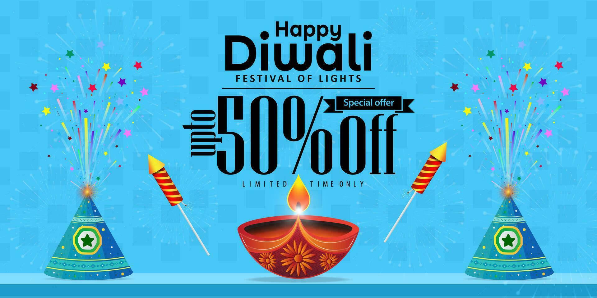 Happy Diwali Promotion Sale Banner Design Template. Diwali Diya oil lamp with flower pot crackers on blue wall with fireworks background on Diwali festival. vector