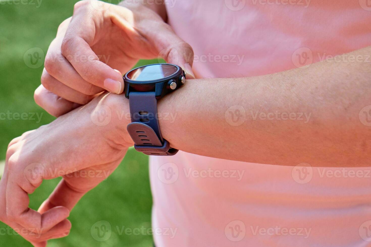 Woman use fitness smart watch, checking results after sport training photo