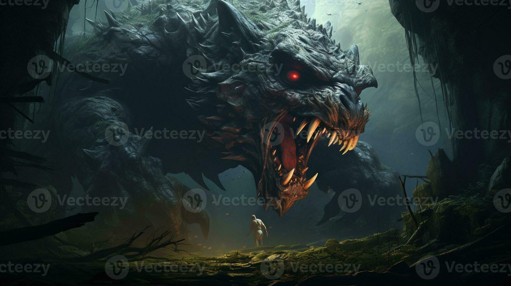 monstrous menace in the gorge, digital art illustration, Generative AI photo