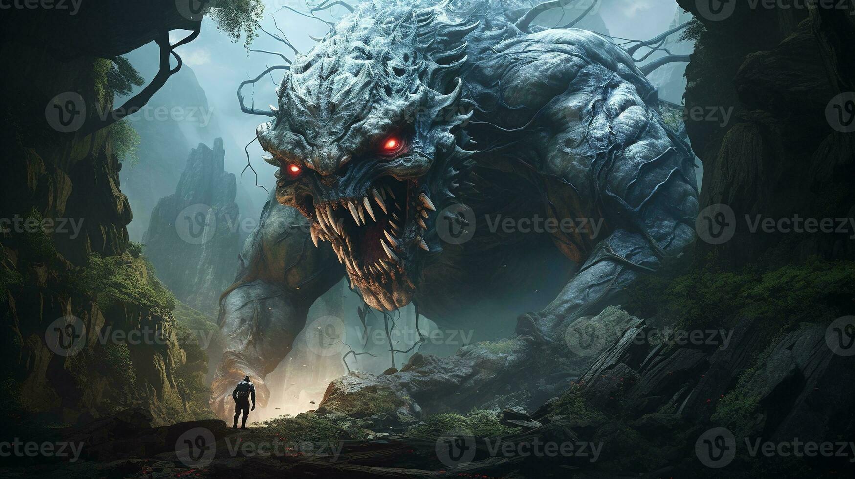 monstrous menace in the gorge, digital art illustration, Generative AI photo