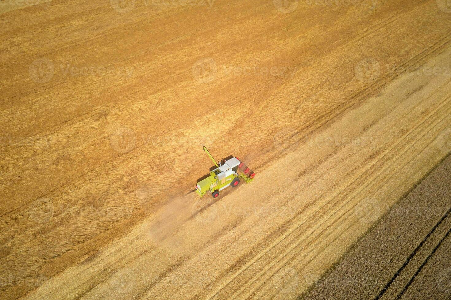 Aerial view of working harvesting combine in wheat field, Harvest season photo