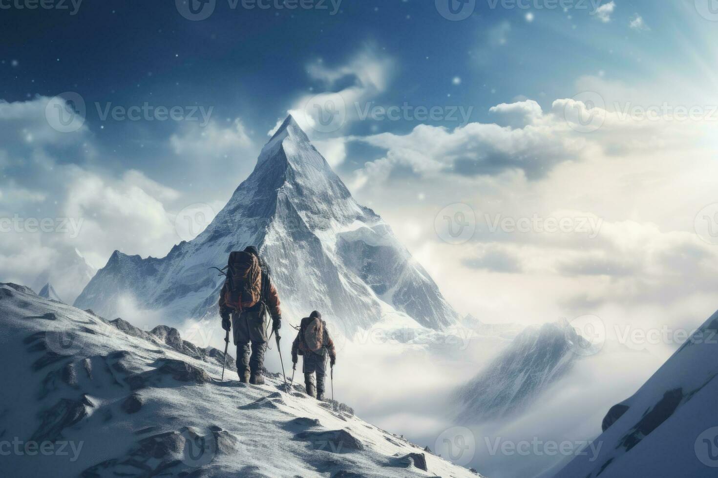 Two climbers climb the peak of a snow covered mountain. Generative AI photo